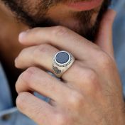 Black Onyx Engraved Ring for Men - Sterling Silver