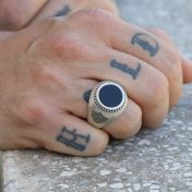 Black Onyx Engraved Ring for Men - Sterling Silver