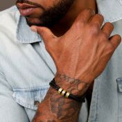 Men Leather Bracelet with Engraved Beads in Gold Plating