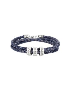 Bracelet Bleu Denim Foncé avec Sphères Gravées en Argent 925 pour Homme