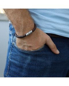 Men Brown Bracelet with Engraved Wrap Sphere in Silver
