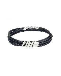 Bracelet Famille avec Prénoms pour Femme - Argent 925 [Cuir Noir] 