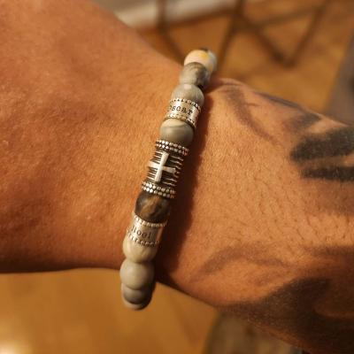 Black Silver Cross Men Name Bracelet with Picasso Jasper Stones