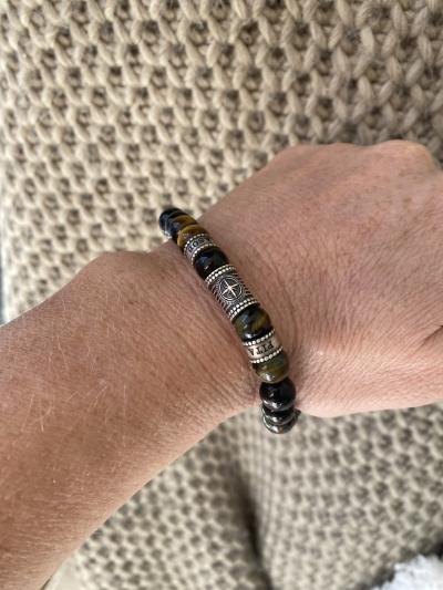 Compass Men Name Bracelet with Green Tiger Eye Stones