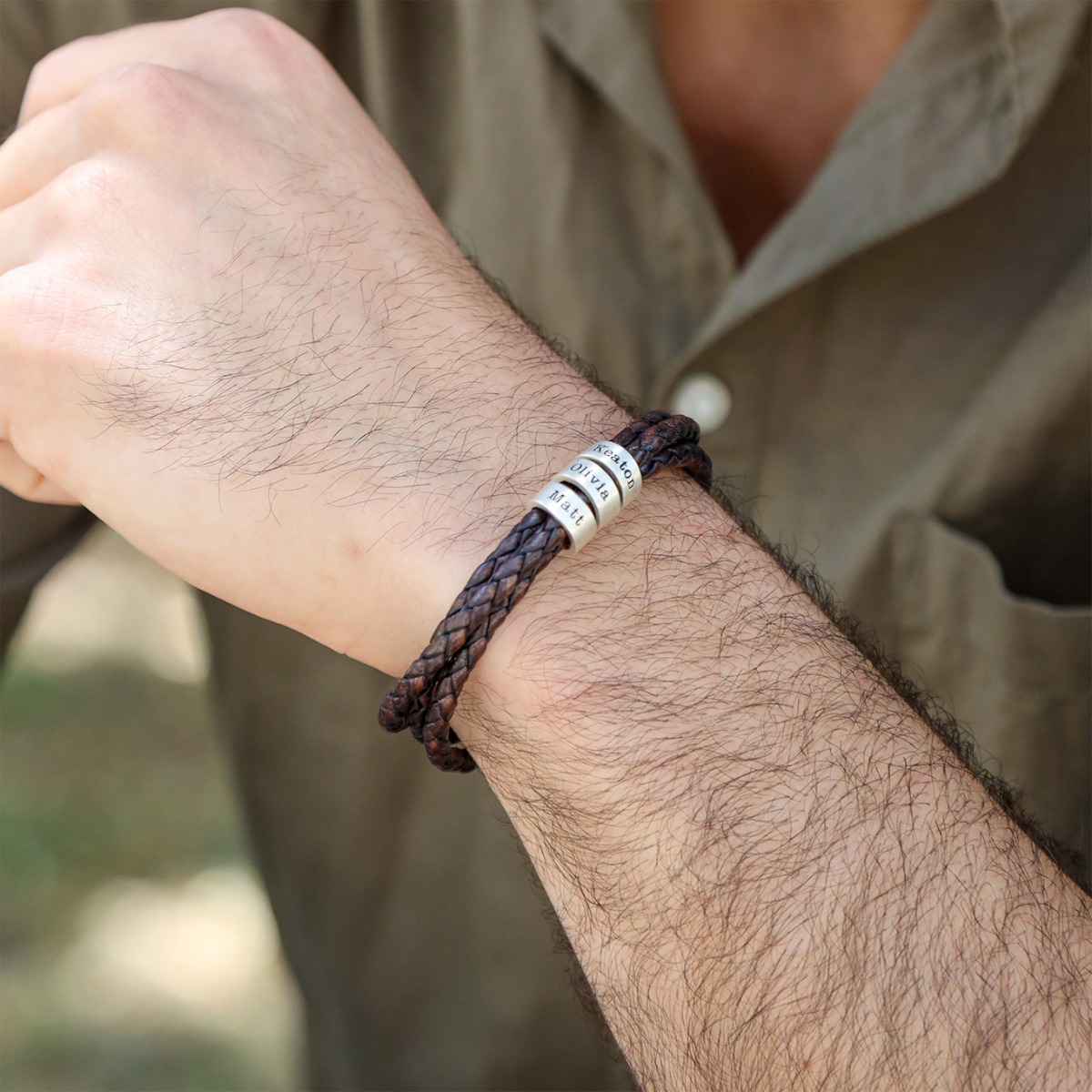 Brown Leather Bracelet With Engraved Names