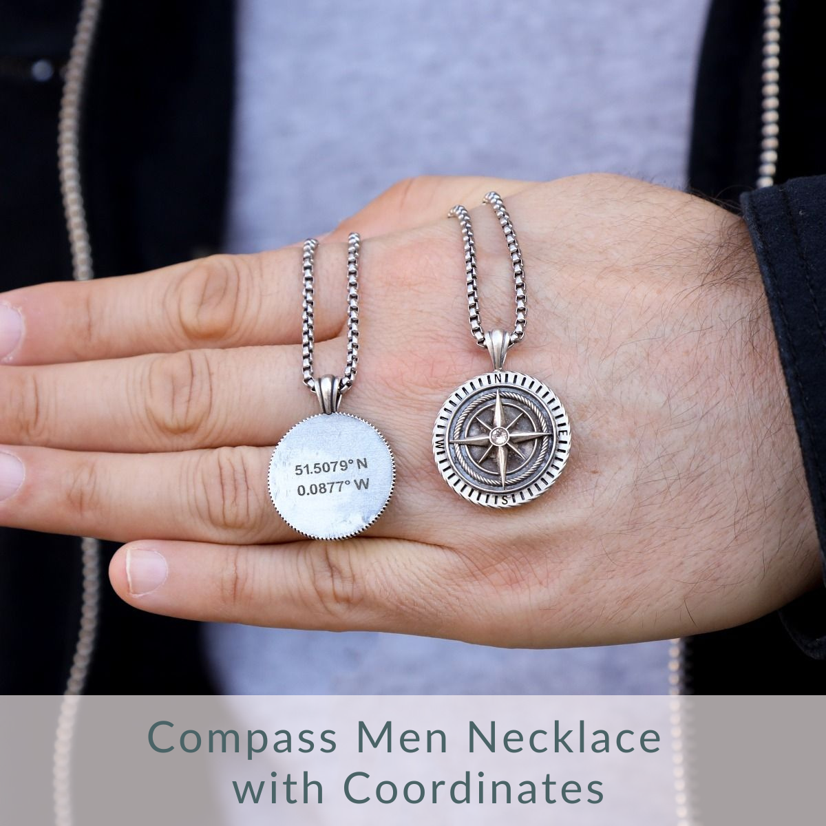 Compas Necklace with Coordinates for Men