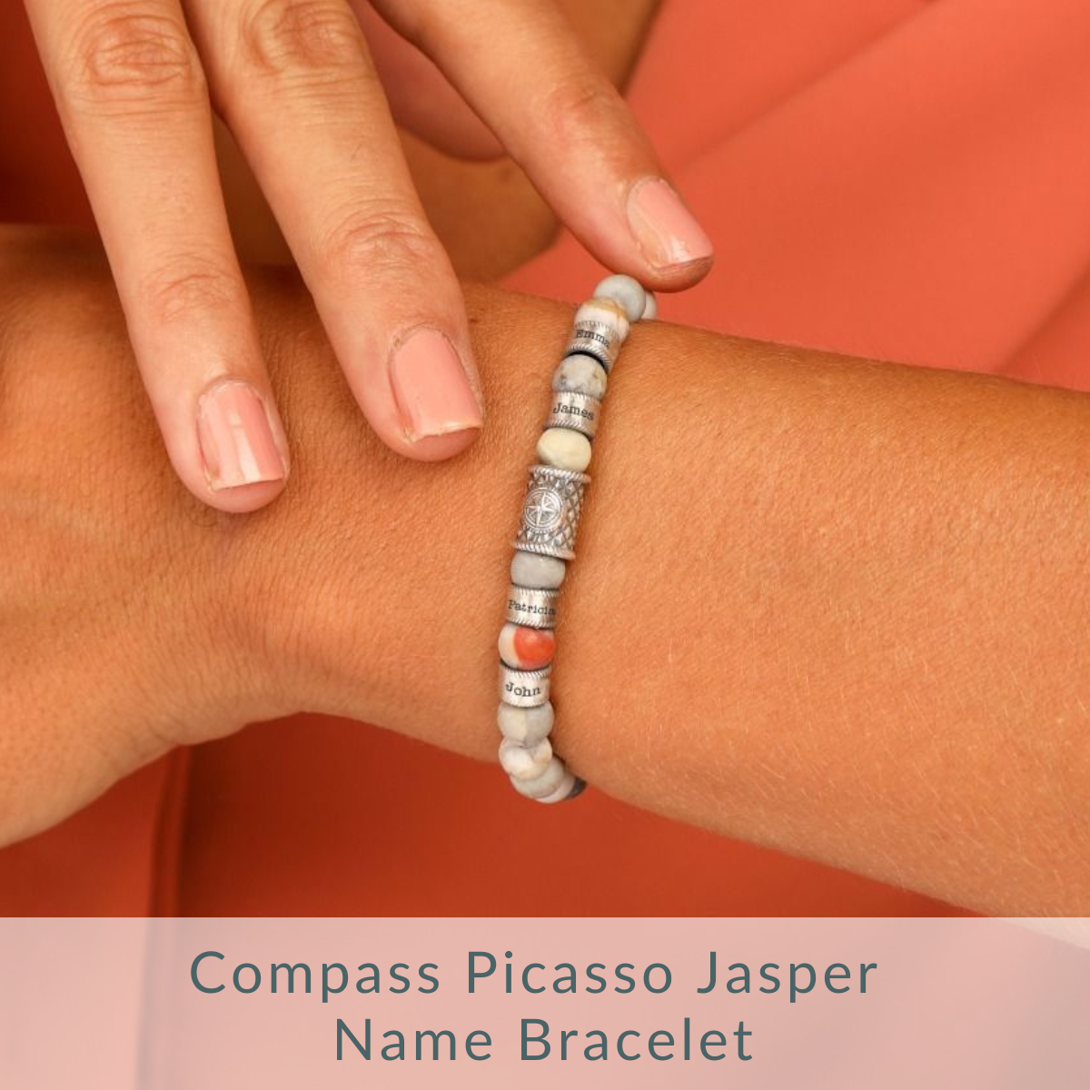 Compass Picasso Jasper Bracelet with Engraved Names