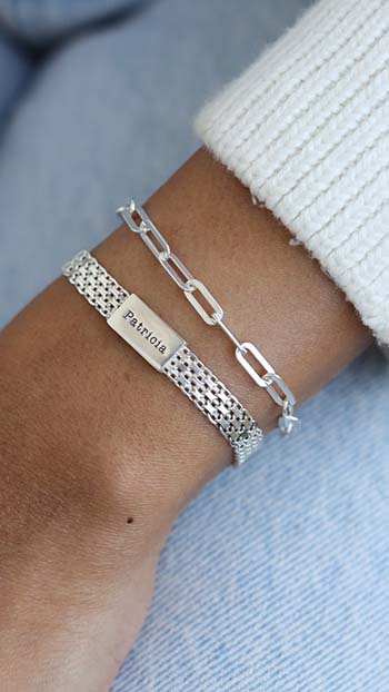 Emma Herringbone and Classic Paperclip Chain Name Bracelet Set [Sterling Silver]